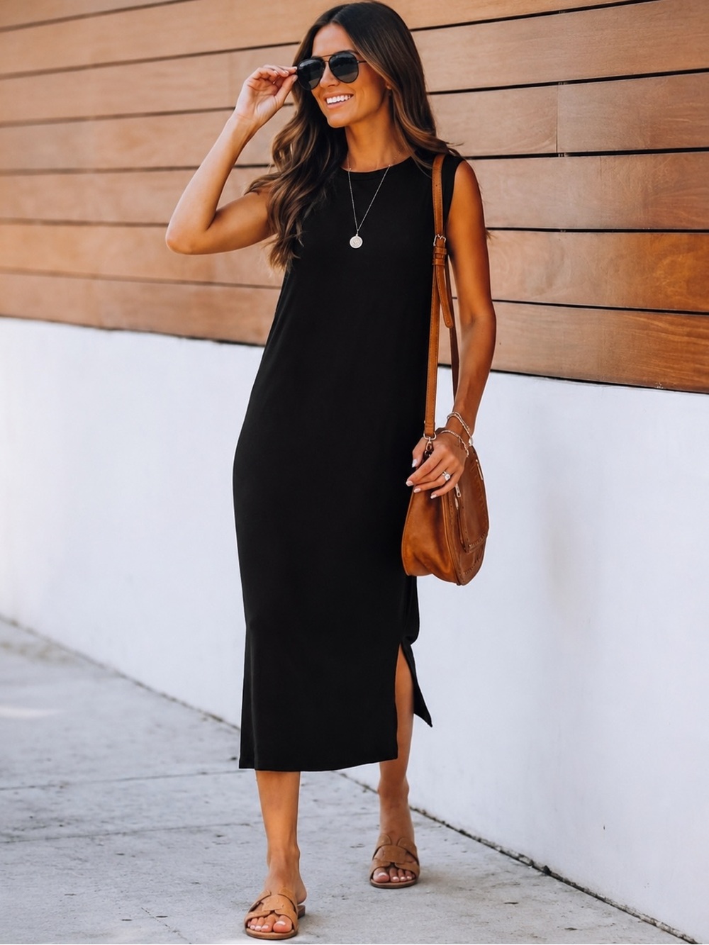 VICI Hangout Sleeveless Knit Midi Dress Black Size Large NWT Side Slit